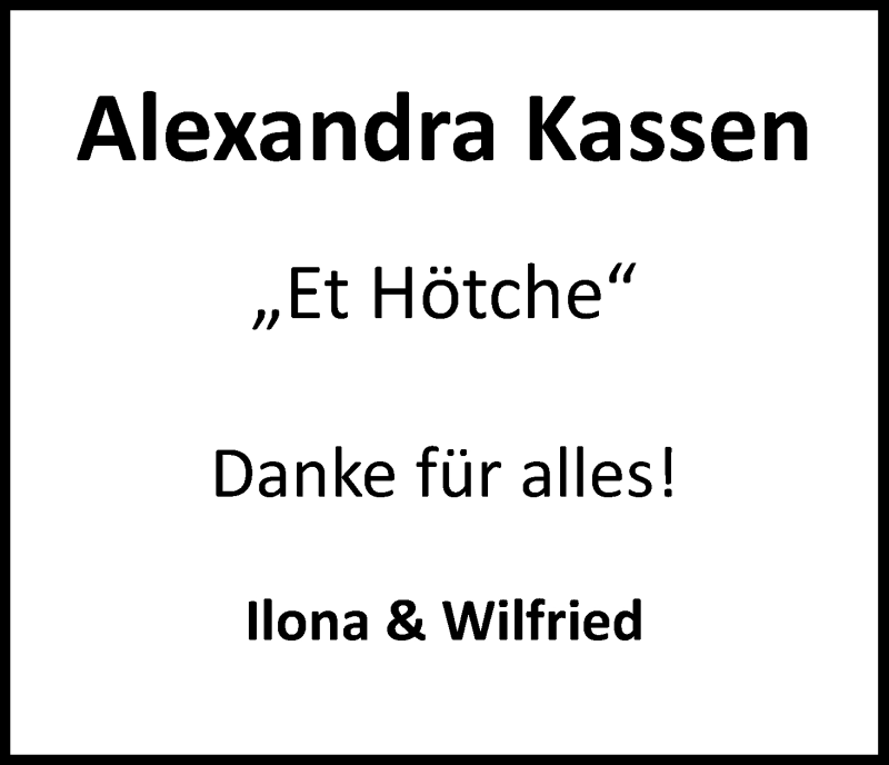  Traueranzeige für Alexandra Kassen vom 15.07.2017 aus Kölner Stadt-Anzeiger / Kölnische Rundschau / Express