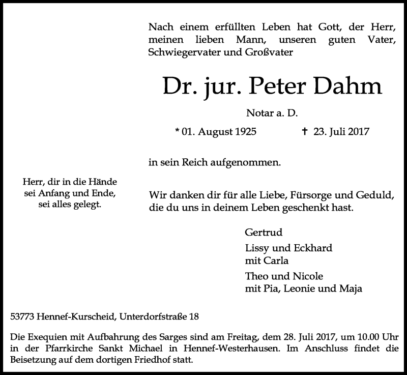  Traueranzeige für Peter Dahm vom 26.07.2017 aus Kölner Stadt-Anzeiger / Kölnische Rundschau / Express