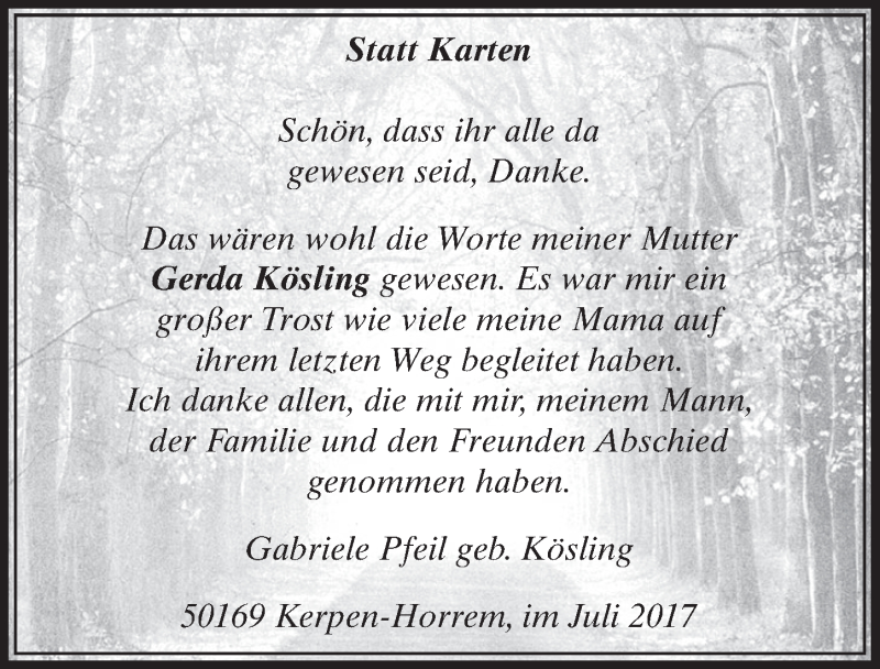  Traueranzeige für Gerda Kösling vom 22.07.2017 aus  Sonntags-Post 