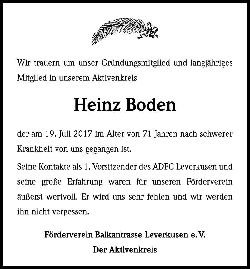  Traueranzeige für Heinz Boden vom 25.07.2017 aus Kölner Stadt-Anzeiger / Kölnische Rundschau / Express