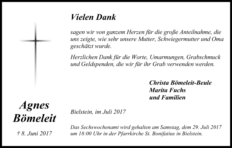  Traueranzeige für Agnes Bömeleit vom 22.07.2017 aus Kölner Stadt-Anzeiger / Kölnische Rundschau / Express