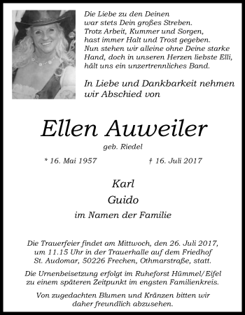 Anzeige von Ellen Auweiler von Kölner Stadt-Anzeiger / Kölnische Rundschau / Express