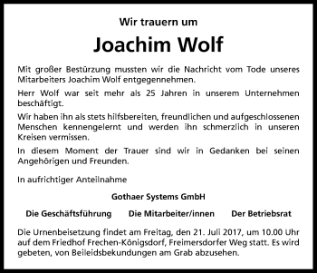Anzeige von Joachim Wolf von Kölner Stadt-Anzeiger / Kölnische Rundschau / Express