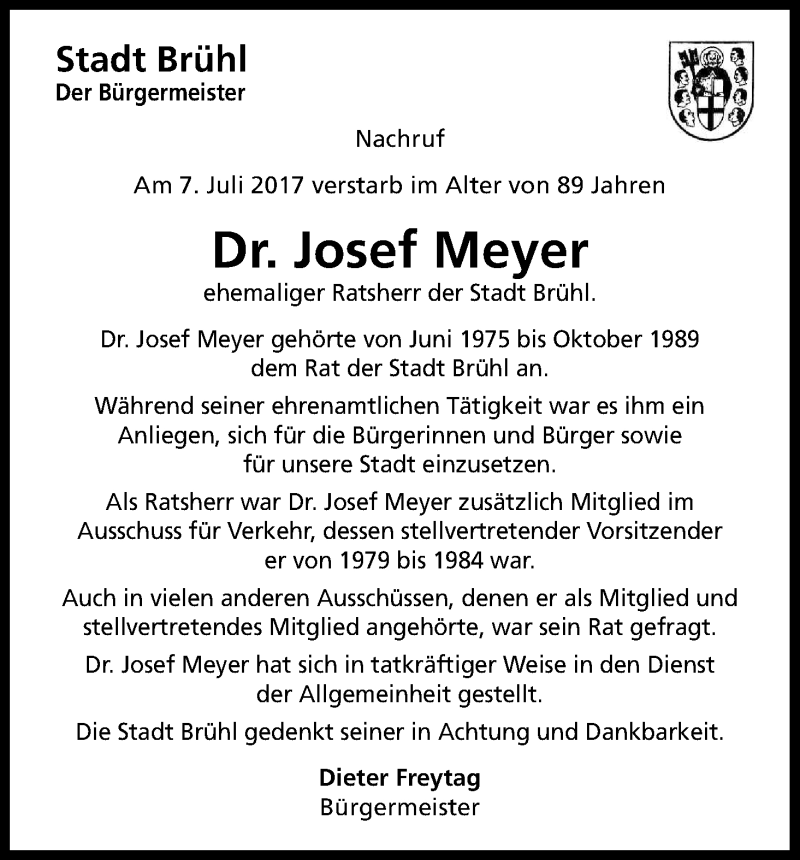  Traueranzeige für Josef Meyer vom 15.07.2017 aus Kölner Stadt-Anzeiger / Kölnische Rundschau / Express