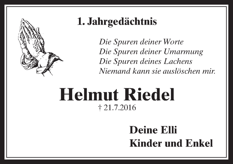  Traueranzeige für Helmut Riedel vom 22.07.2017 aus  Sonntags-Post 