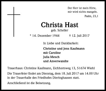 Anzeige von Christa Hast von Kölner Stadt-Anzeiger / Kölnische Rundschau / Express