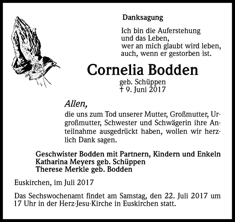  Traueranzeige für Cornelia Bodden vom 08.07.2017 aus Kölner Stadt-Anzeiger / Kölnische Rundschau / Express