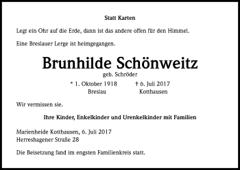 Anzeige von Brunhilde Schönweitz von Kölner Stadt-Anzeiger / Kölnische Rundschau / Express