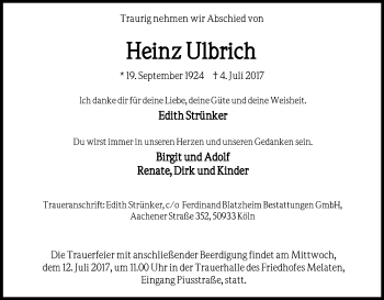 Anzeige von Heinz Ulbrich von Kölner Stadt-Anzeiger / Kölnische Rundschau / Express