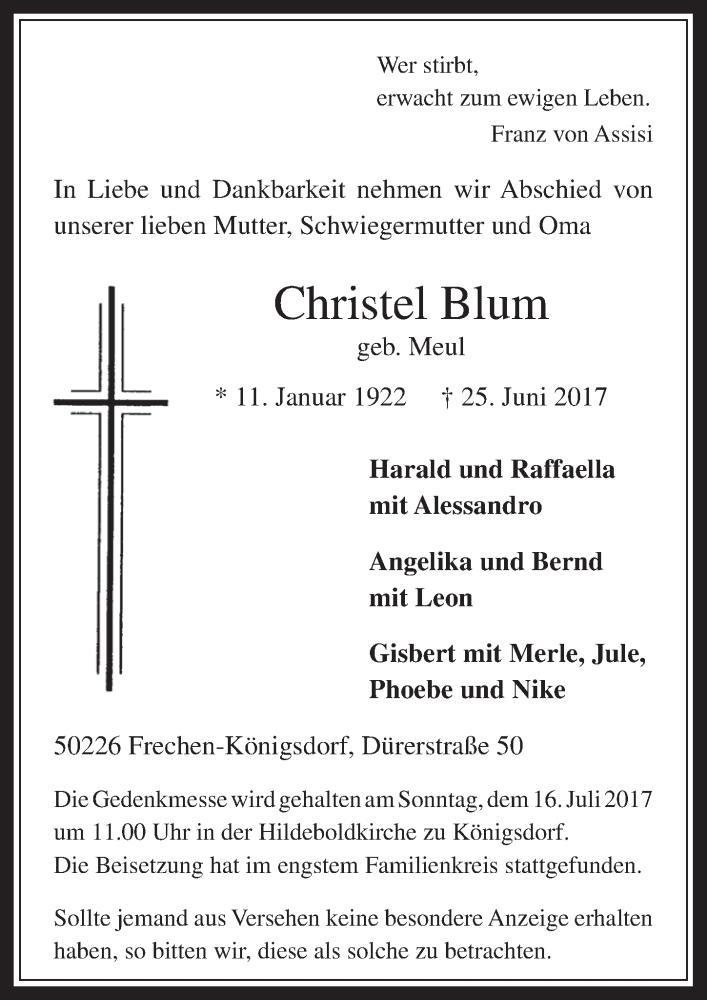  Traueranzeige für Christel Blum vom 05.07.2017 aus  Wochenende 