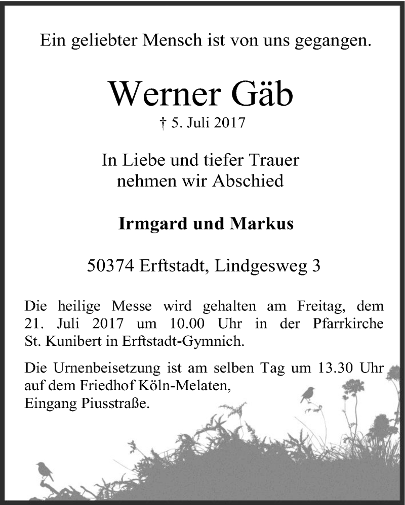  Traueranzeige für Werner Gäb vom 19.07.2017 aus  Werbepost 