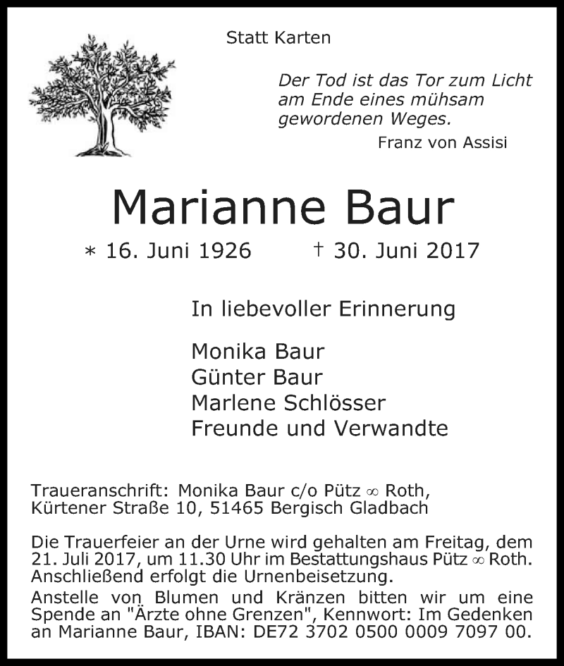  Traueranzeige für Marianne Baur vom 15.07.2017 aus Kölner Stadt-Anzeiger / Kölnische Rundschau / Express