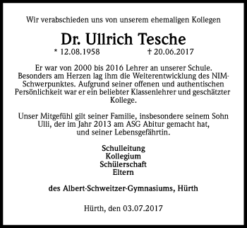 Anzeige von Ullrich Tesche von Kölner Stadt-Anzeiger / Kölnische Rundschau / Express