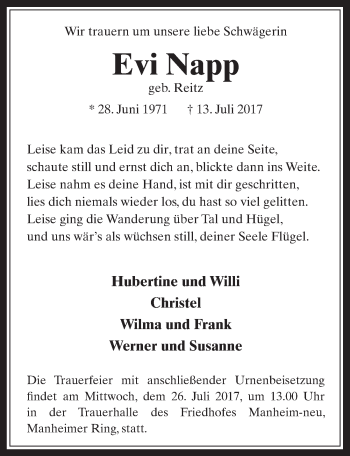 Anzeige von Evi Napp von  Sonntags-Post 