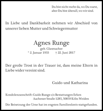 Anzeige von Agnes Runge von Kölner Stadt-Anzeiger / Kölnische Rundschau / Express