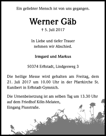 Anzeige von Werner Gäb von Kölner Stadt-Anzeiger / Kölnische Rundschau / Express