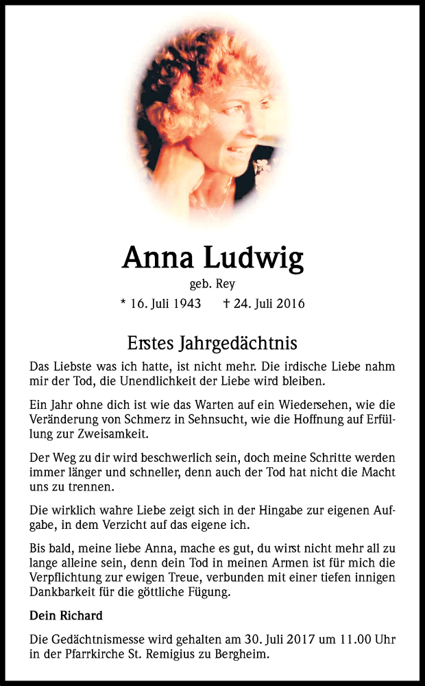  Traueranzeige für Anna Ludwig vom 22.07.2017 aus Kölner Stadt-Anzeiger / Kölnische Rundschau / Express