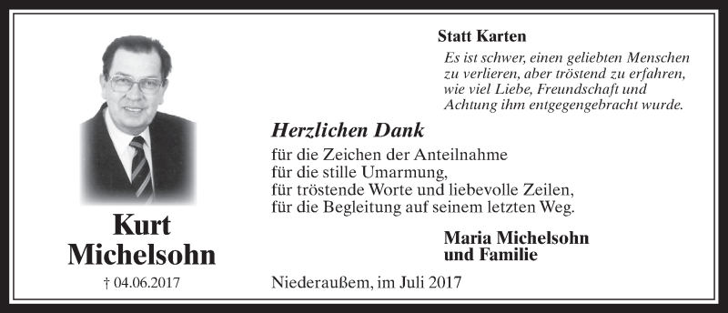  Traueranzeige für Kurt Michelsohn vom 26.07.2017 aus  Werbepost 