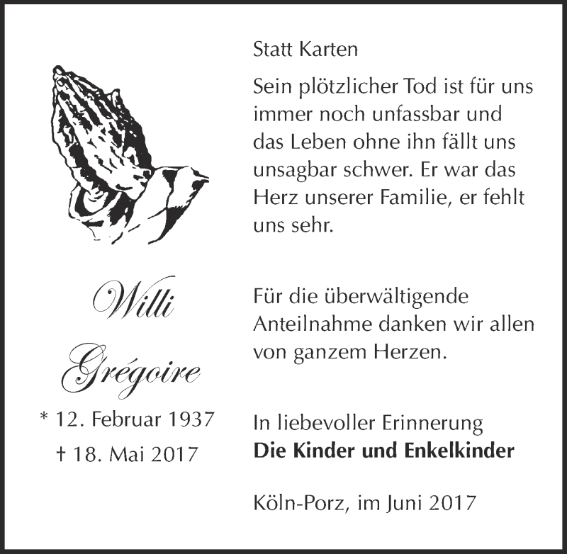  Traueranzeige für Willi Grégoire vom 05.07.2017 aus  Kölner Wochenspiegel 