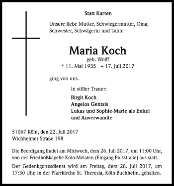 Anzeige von Maria Koch von Kölner Stadt-Anzeiger / Kölnische Rundschau / Express