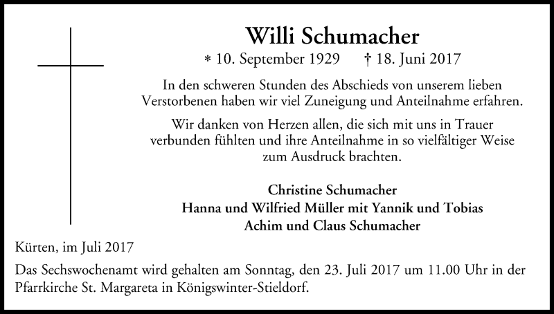  Traueranzeige für Willi Schumacher vom 20.07.2017 aus Kölner Stadt-Anzeiger / Kölnische Rundschau / Express
