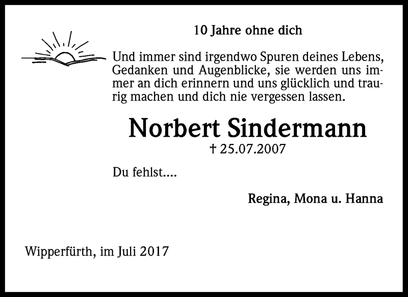  Traueranzeige für Norbert Sindermann vom 22.07.2017 aus Kölner Stadt-Anzeiger / Kölnische Rundschau / Express