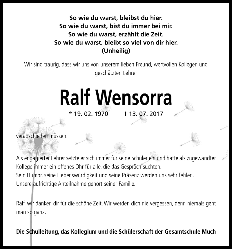  Traueranzeige für Ralf Wensorra vom 20.07.2017 aus Kölner Stadt-Anzeiger / Kölnische Rundschau / Express