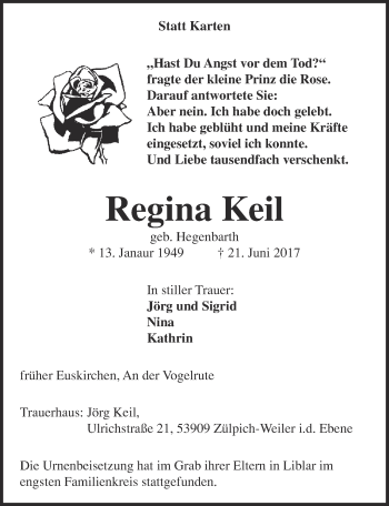 Anzeige von Regina Keil von  Blickpunkt Euskirchen 