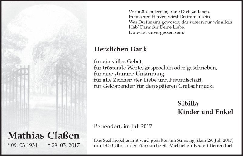  Traueranzeige für Mathias Claßen vom 19.07.2017 aus  Werbepost 
