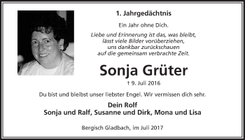 Anzeige von Sonja Grüter von  Bergisches Handelsblatt 