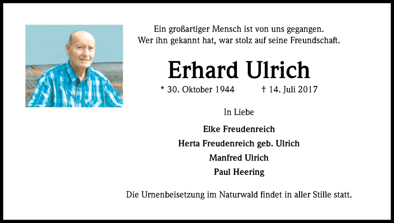  Traueranzeige für Erhard Ulrich vom 22.07.2017 aus Kölner Stadt-Anzeiger / Kölnische Rundschau / Express