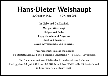 Anzeige von Hans-Dieter Weishaupt von Kölner Stadt-Anzeiger / Kölnische Rundschau / Express