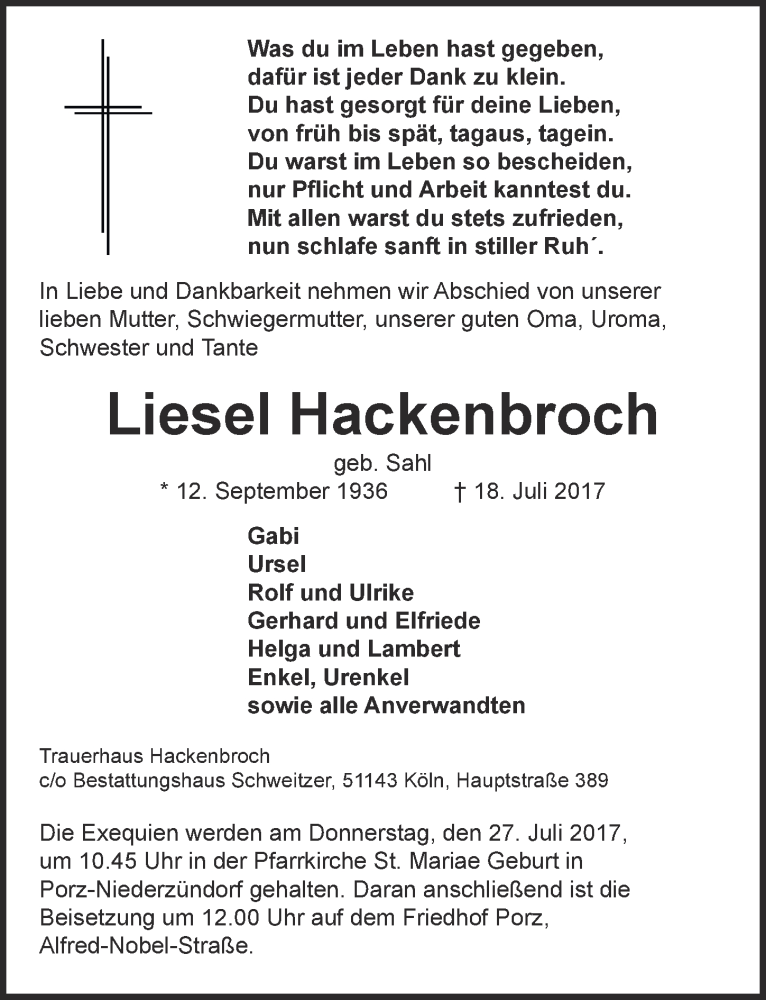  Traueranzeige für Liesel Hackenbroch vom 26.07.2017 aus  Kölner Wochenspiegel 