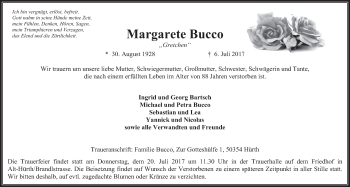 Anzeige von Margarete Bucco von  Wochenende 