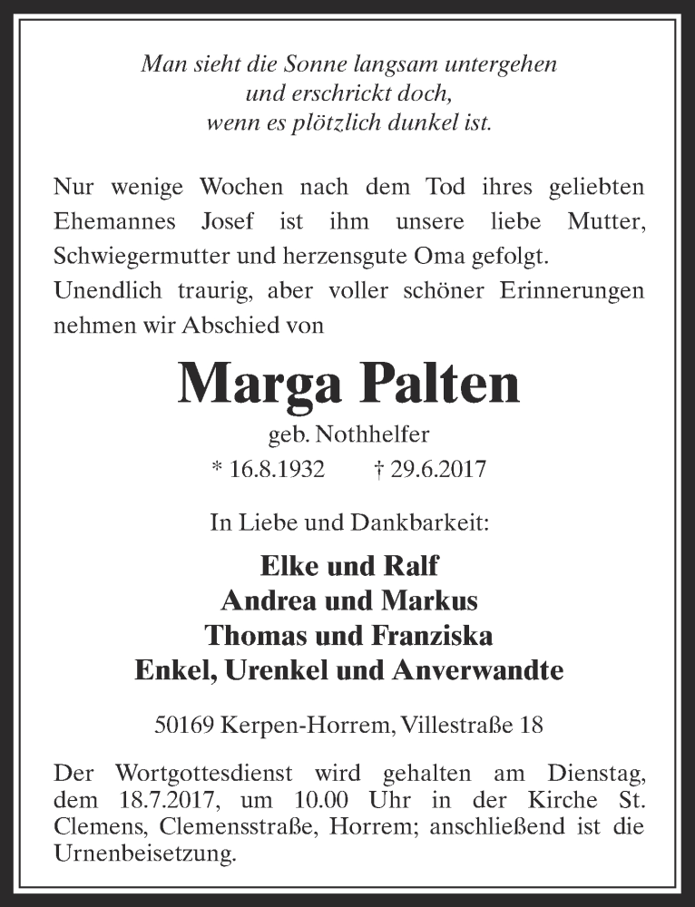  Traueranzeige für Marga Palten vom 12.07.2017 aus  Werbepost 