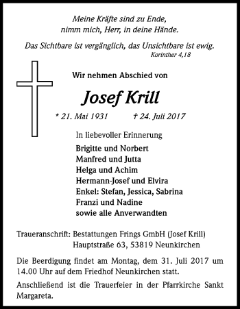 Anzeige von Josef Krill von Kölner Stadt-Anzeiger / Kölnische Rundschau / Express