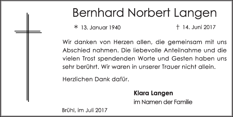  Traueranzeige für Bernhard Norbert Langen vom 12.07.2017 aus  Schlossbote/Werbekurier 