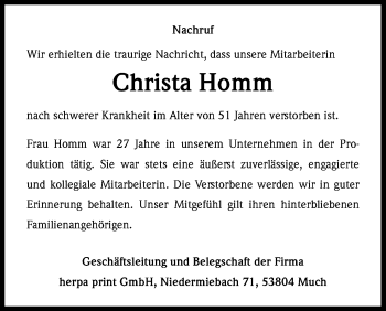 Anzeige von Christa Homm von Kölner Stadt-Anzeiger / Kölnische Rundschau / Express