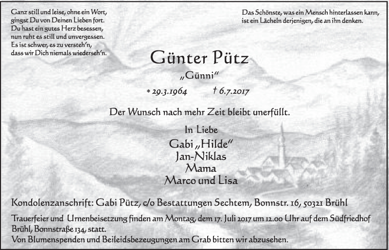  Traueranzeige für Günter Pütz vom 12.07.2017 aus  Schlossbote/Werbekurier 