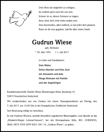 Anzeige von Gudrun Wiese von Kölner Stadt-Anzeiger / Kölnische Rundschau / Express
