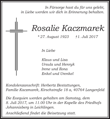 Anzeige von Rosalie Kaczmarek von  Leverkusener Wochenende 