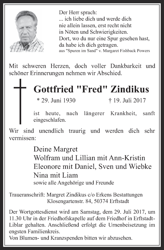  Traueranzeige für Gottfried Zindikus vom 26.07.2017 aus  Werbepost 
