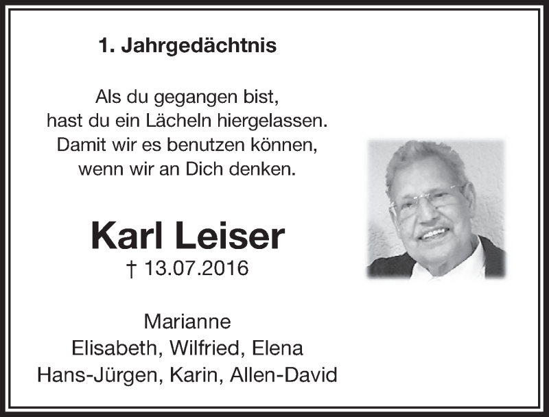  Traueranzeige für Karl Leiser vom 08.07.2017 aus  Sonntags-Post 