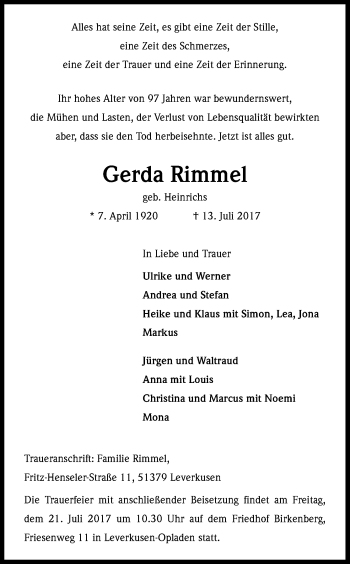 Anzeige von Gerda Rimmel von Kölner Stadt-Anzeiger / Kölnische Rundschau / Express