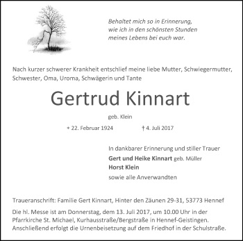 Anzeige von Gertrud Kinnart von Kölner Stadt-Anzeiger / Kölnische Rundschau / Express