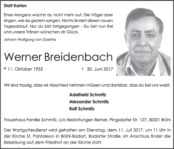 Anzeige von Werner Breidenbach von  Schlossbote/Werbekurier 
