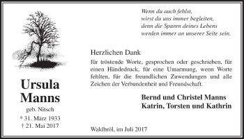 Anzeige von Ursula Manns von  Lokalanzeiger 