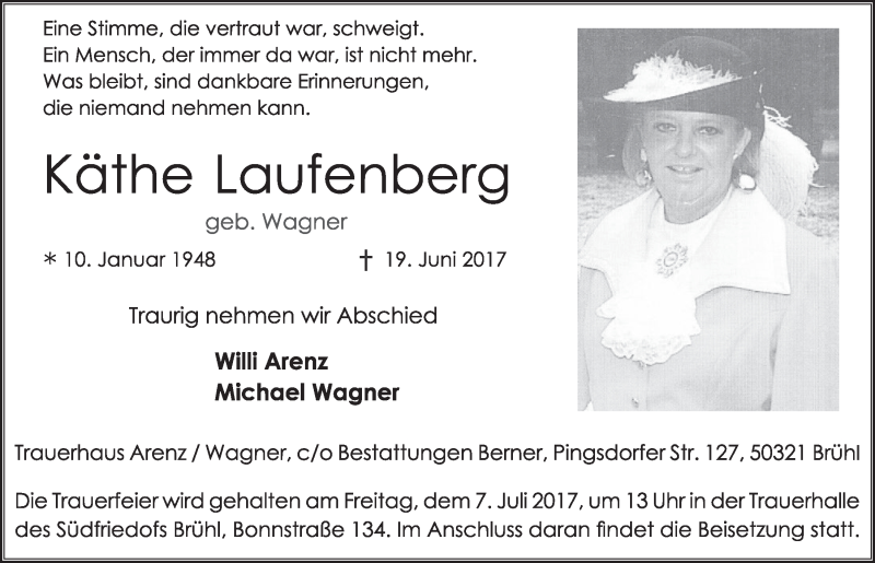  Traueranzeige für Käthe Laufenberg vom 05.07.2017 aus  Schlossbote/Werbekurier  Extra Blatt 