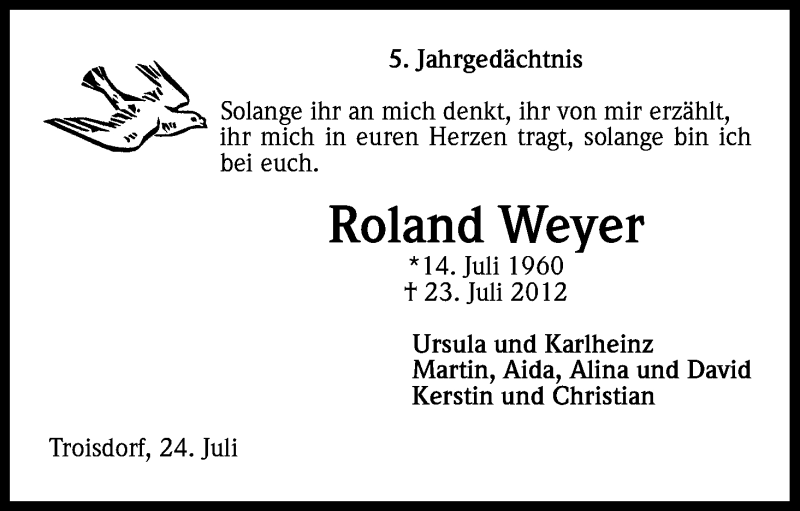  Traueranzeige für Roland Weyer vom 24.07.2017 aus Kölner Stadt-Anzeiger / Kölnische Rundschau / Express