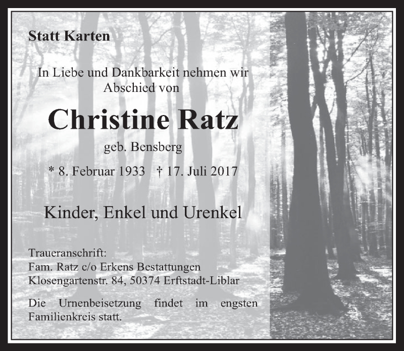  Traueranzeige für Christine Ratz vom 26.07.2017 aus  Werbepost 